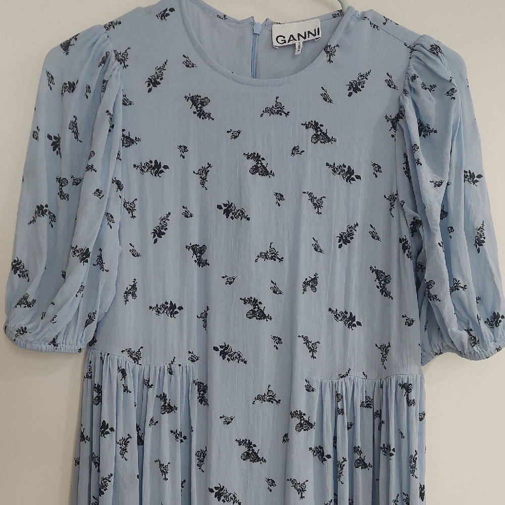 Ganni Light Blue Dress with Black Floral Pattern - Picture 2 of 15